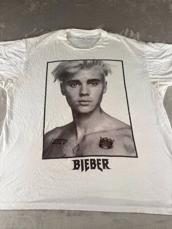 Justin Bieber Graphic T Shirt XL White Vintage Style Portrait Tee Pop Music - Picture 2 of 11